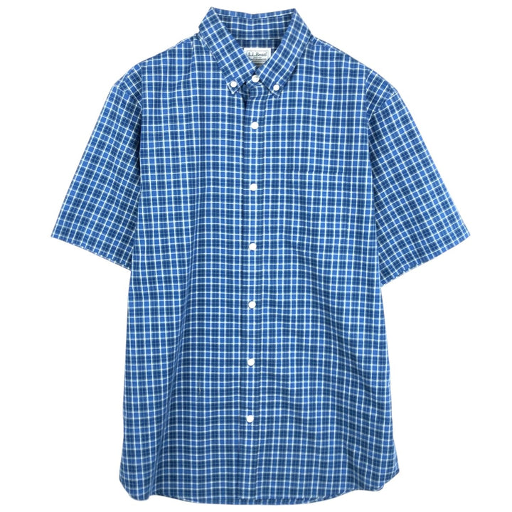90'S LLBean Traditional Fit Short-Sleeve Button-Down Check Shirt, Men's Size M (Equivalent), Vintage cotton blue type Vintage Second Hand