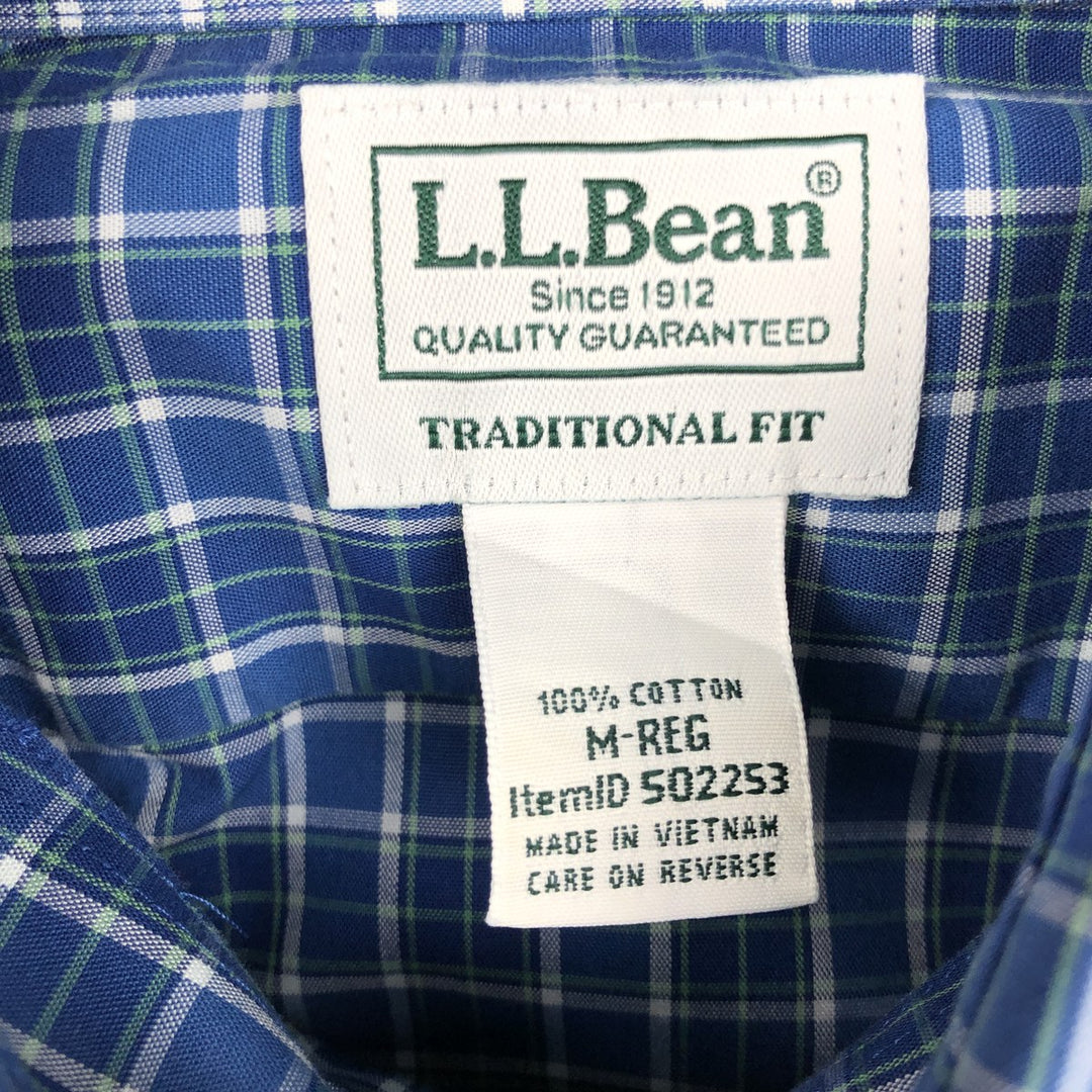 90'S LLBean Traditional Fit Short-Sleeve Button-Down Check Shirt, Men's Size M (Equivalent), Vintage cotton blue type Vintage Second Hand