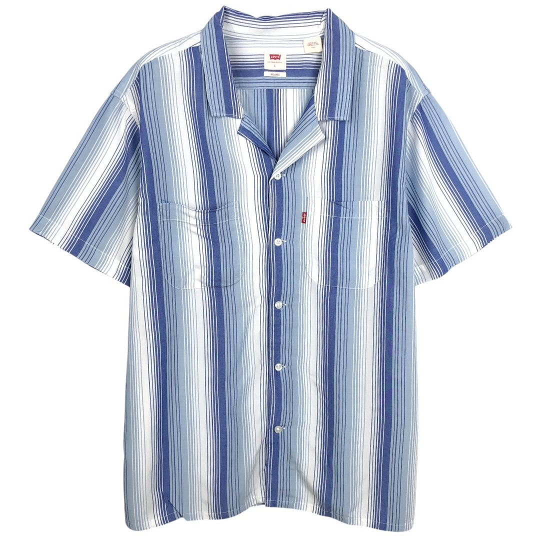 Levi's Stripe Pattern Multi-Stripe Short-Sleeve Open Collar Rayon Shirt, Boxy Fit, Men's Size L (approx.) Viscose blue type Vintage Second Hand