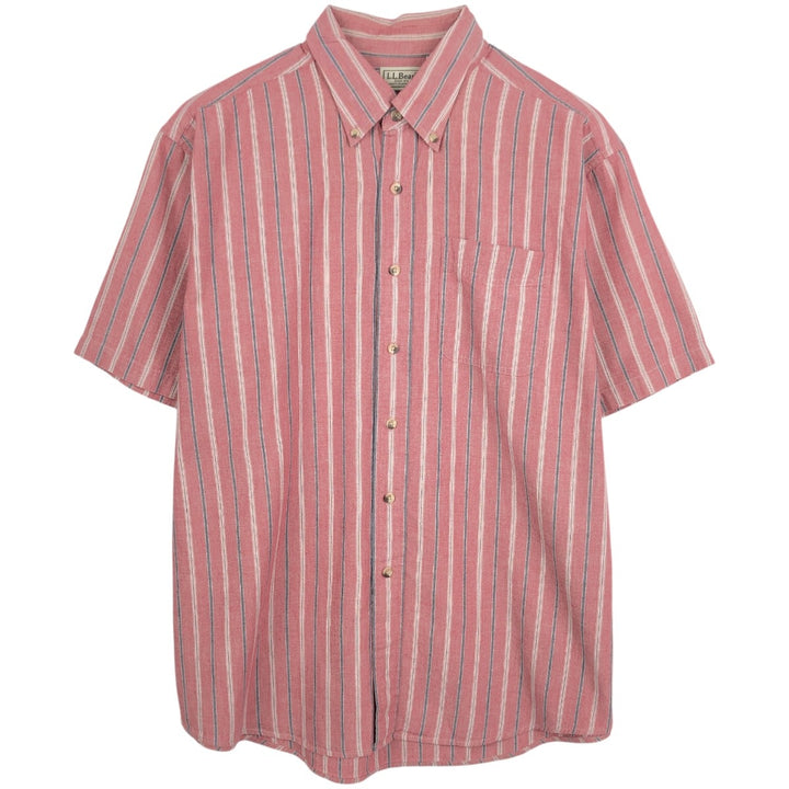 90s-00'S LLBean Multi-Stripe Short Sleeve Button-Down Striped Shirt, Men's Size L cotton burgundy type Vintage Second Hand