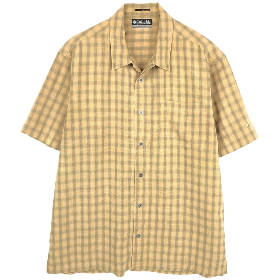 Columbia Short-Sleeve Open-Collar Polyester Box Shirt (Men's Size L) Polynosic ocher yellow type Vintage Second Hand