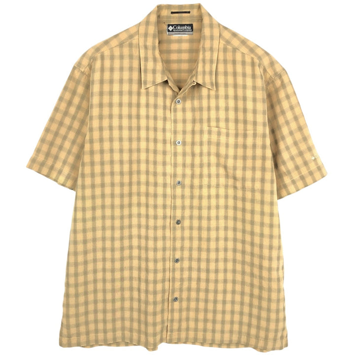 Columbia Short-Sleeve Open-Collar Polyester Box Shirt (Men's Size L) Polynosic ocher yellow type Vintage Second Hand