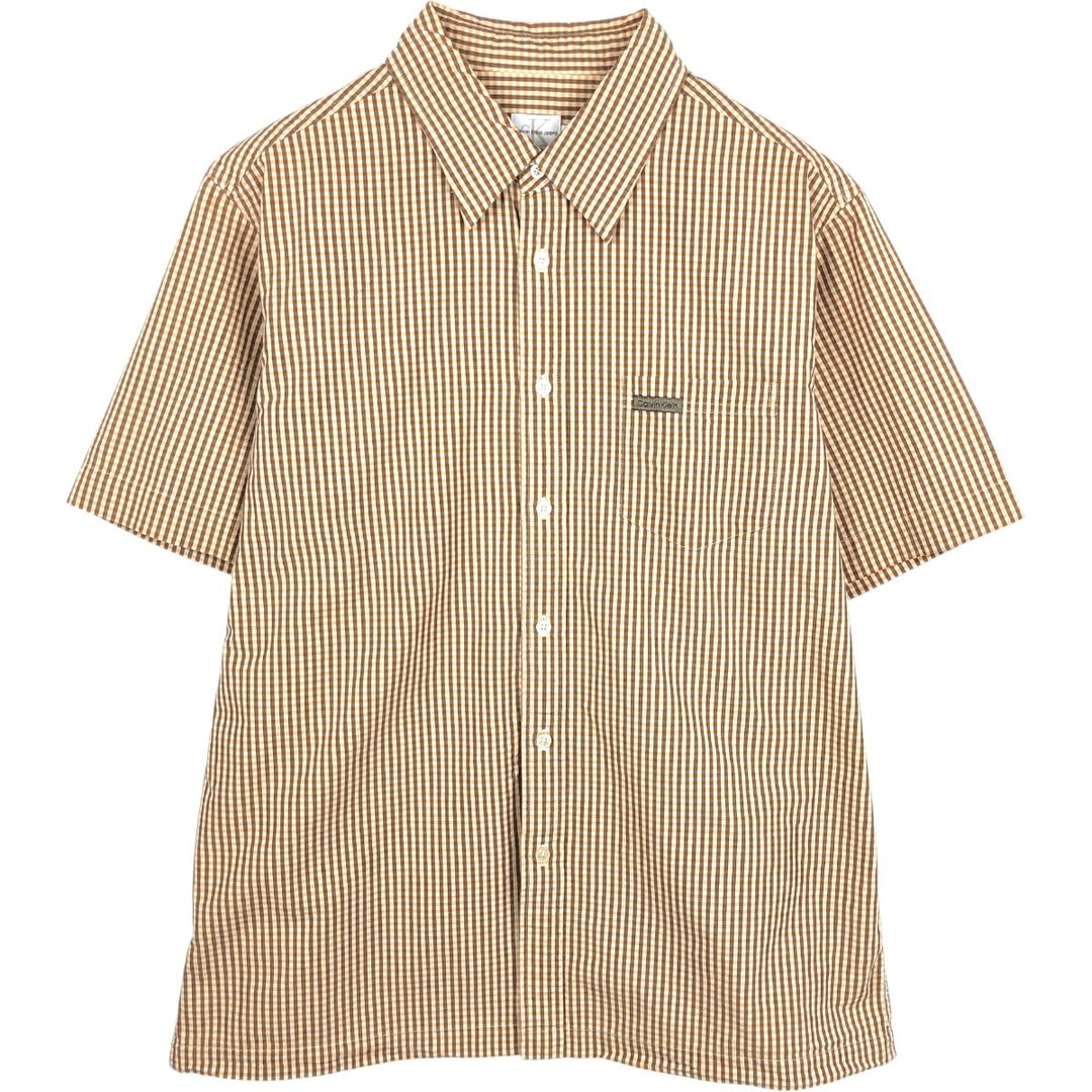 90'S Calvin Klein Jeans Short-Sleeve Cotton Check Shirt, Boxy Shirt, Men's Size XL (Equivalent), Vintage cotton brown type Vintage Second Hand