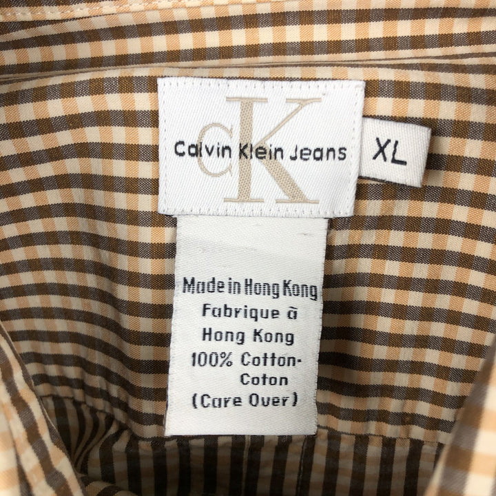 90'S Calvin Klein Jeans Short-Sleeve Cotton Check Shirt, Boxy Shirt, Men's Size XL (Equivalent), Vintage cotton brown type Vintage Second Hand