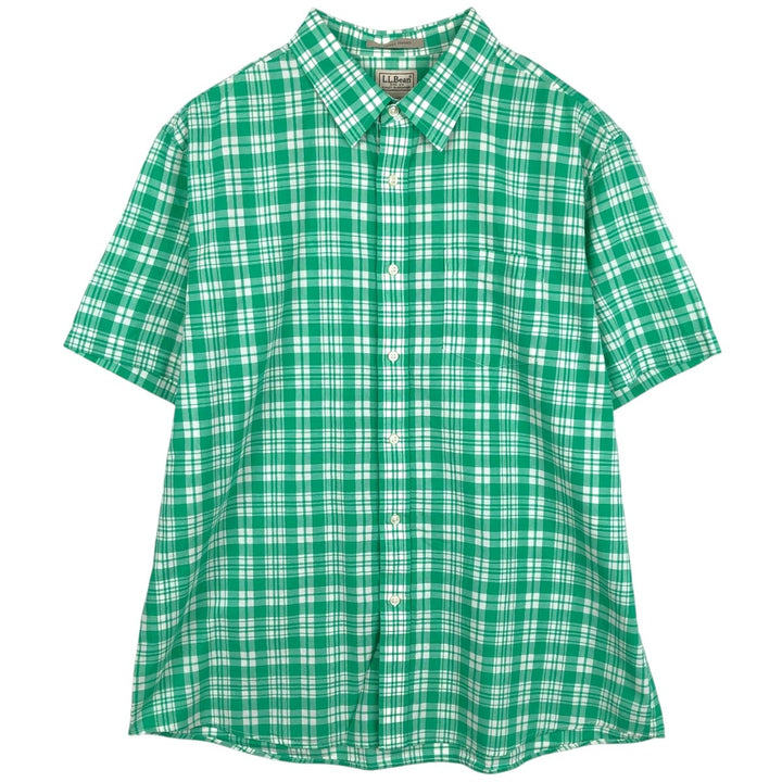 90'S LLBean SLIGHTLY FITTED Short-Sleeve Cotton Check Shirt, Men's Size XL (Equivalent), Vintage cotton Emerald green Vintage Second Hand