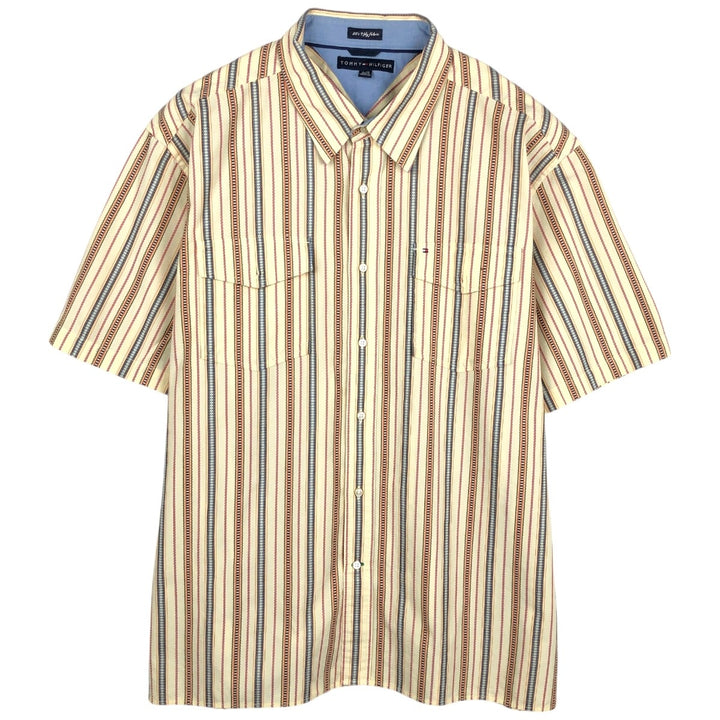 Tommy Hilfiger 80's 2-ply fabric short-sleeved striped shirt, men's size XL, boxy shirt. cotton yellow type Vintage Second Hand