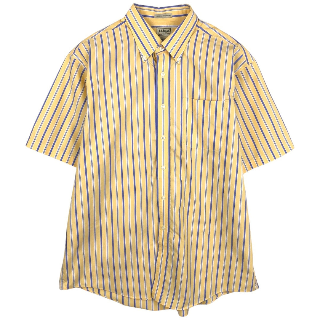 90'S L.L.Bean Wrinkle and Stain Resistant Short-Sleeve Button-Down Striped Shirt, Men's Size L (approx.), Vintage cotton yellow type Vintage Second Hand