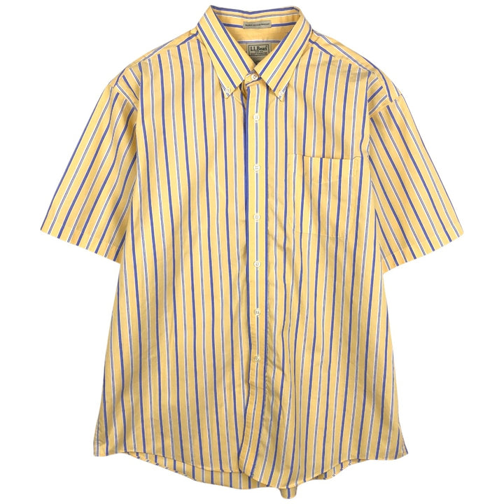 90'S L.L.Bean Wrinkle and Stain Resistant Short-Sleeve Button-Down Striped Shirt, Men's Size L (approx.), Vintage cotton yellow type Vintage Second Hand