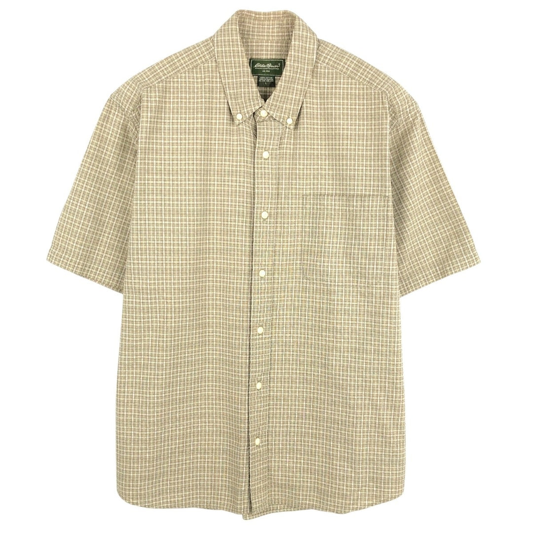 00'S Eddie Bauer short sleeve button down check shirt, men's size L cotton Khaki type sage green Vintage Second Hand