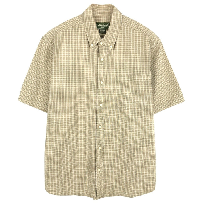 00'S Eddie Bauer short sleeve button down check shirt, men's size L cotton Khaki type sage green Vintage Second Hand