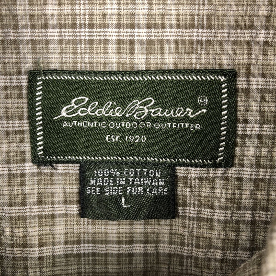 00'S Eddie Bauer short sleeve button down check shirt, men's size L cotton Khaki type sage green Vintage Second Hand