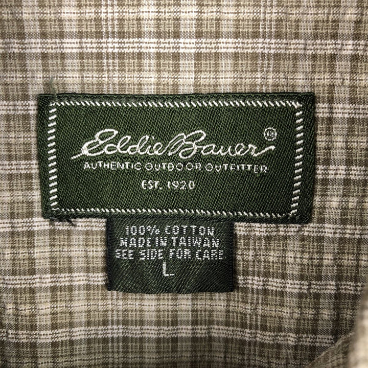 00'S Eddie Bauer short sleeve button down check shirt, men's size L cotton Khaki type sage green Vintage Second Hand