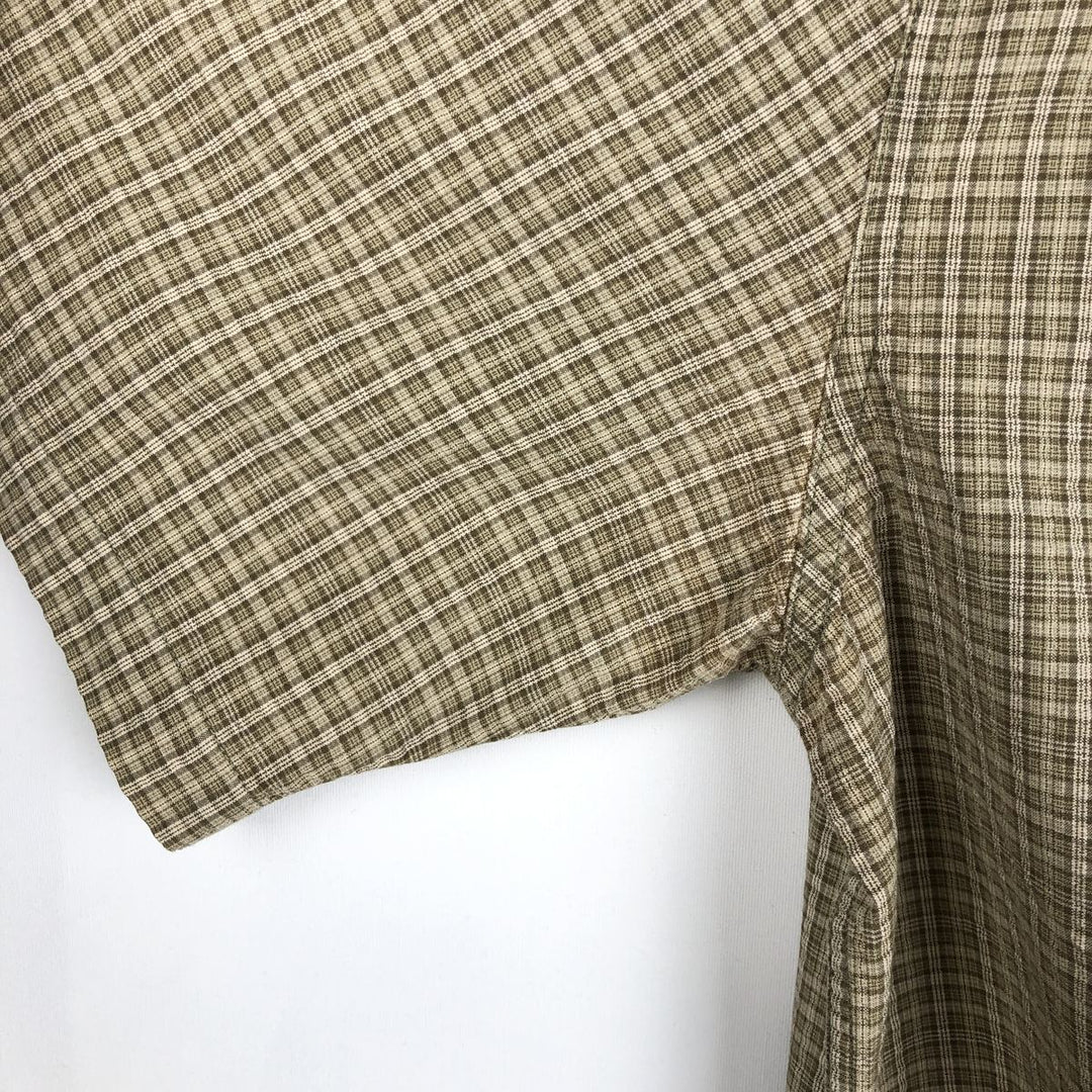 00'S Eddie Bauer short sleeve button down check shirt, men's size L cotton Khaki type sage green Vintage Second Hand