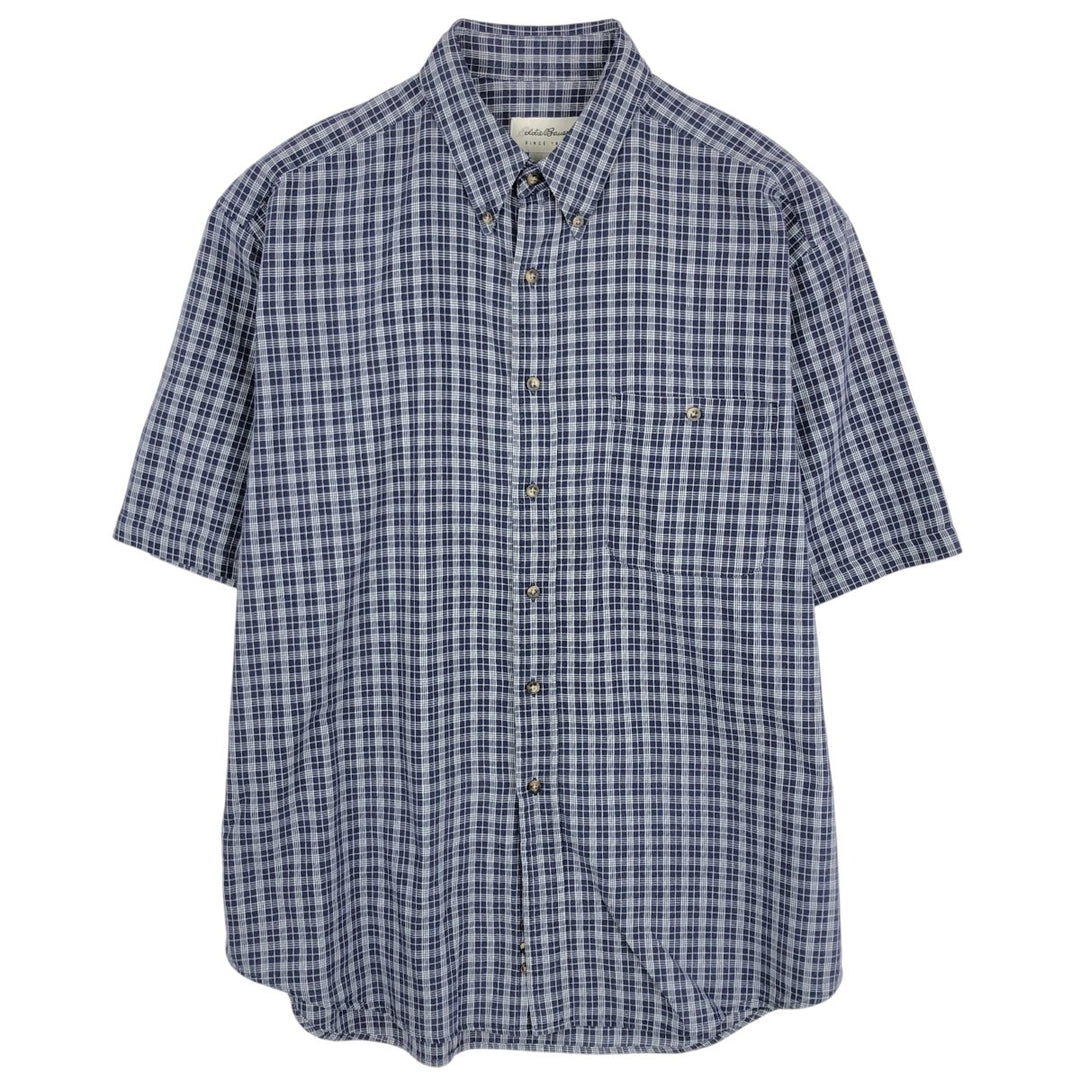 Eddie Bauer short sleeve button down check shirt, men's size L cotton navy blue type Vintage Second Hand