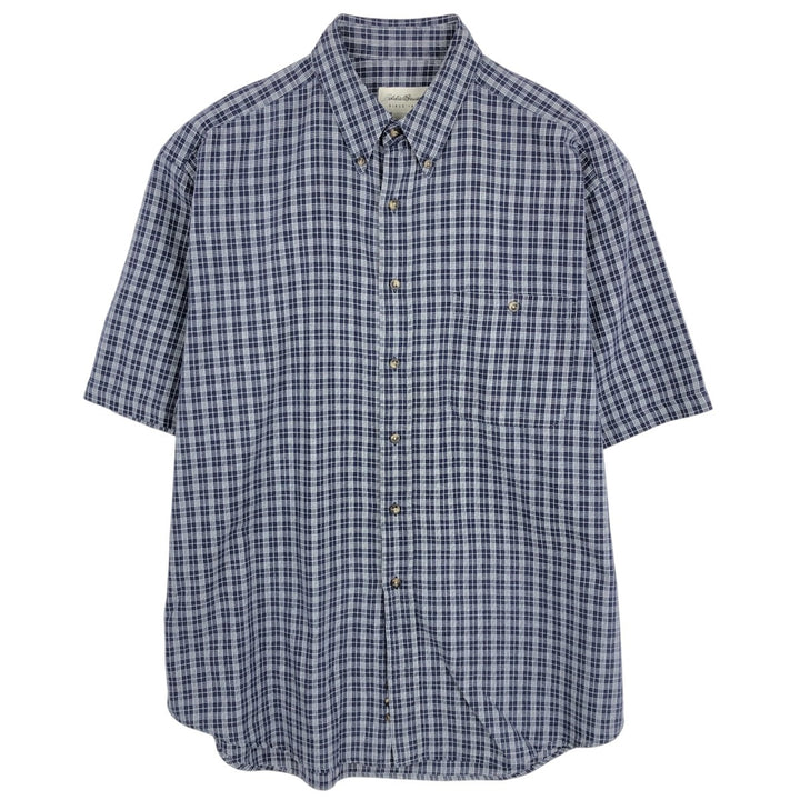 Eddie Bauer short sleeve button down check shirt, men's size L cotton navy blue type Vintage Second Hand