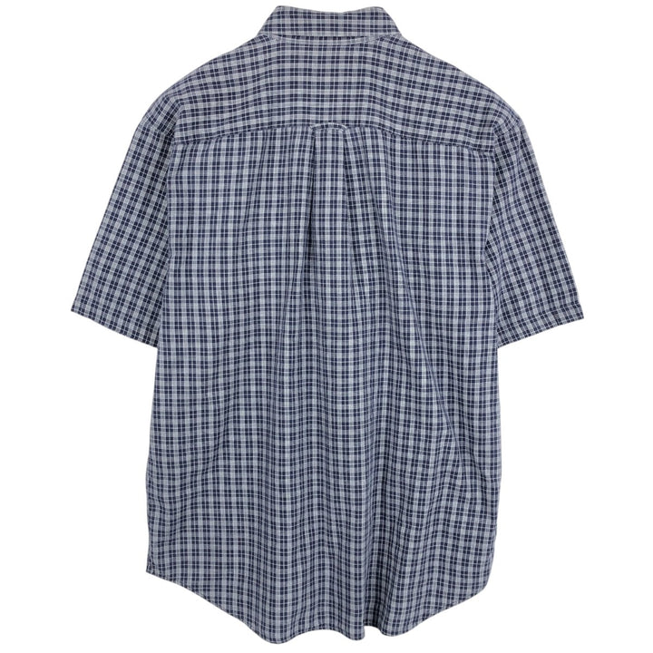 Eddie Bauer short sleeve button down check shirt, men's size L cotton navy blue type Vintage Second Hand