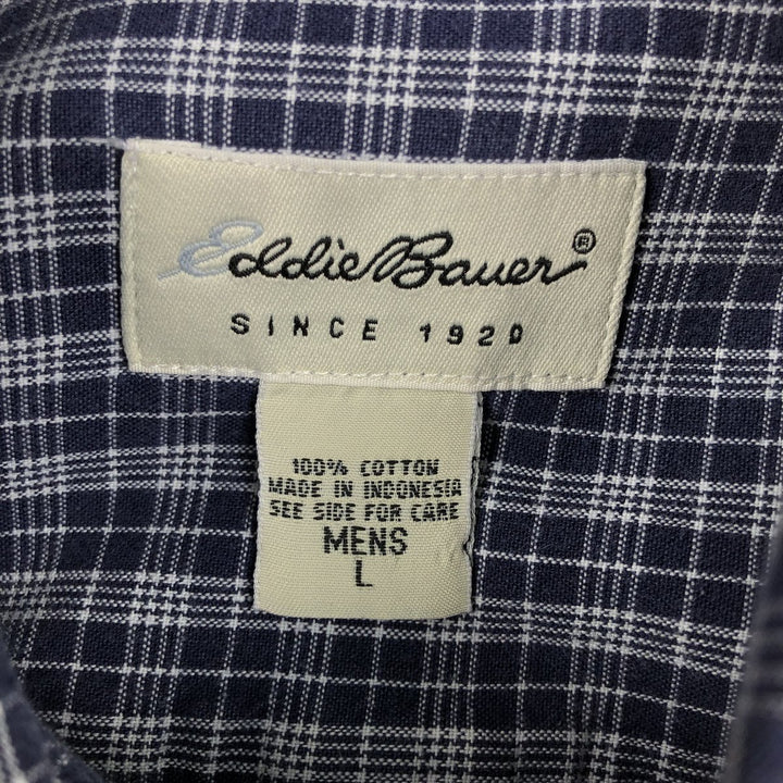 Eddie Bauer short sleeve button down check shirt, men's size L cotton navy blue type Vintage Second Hand