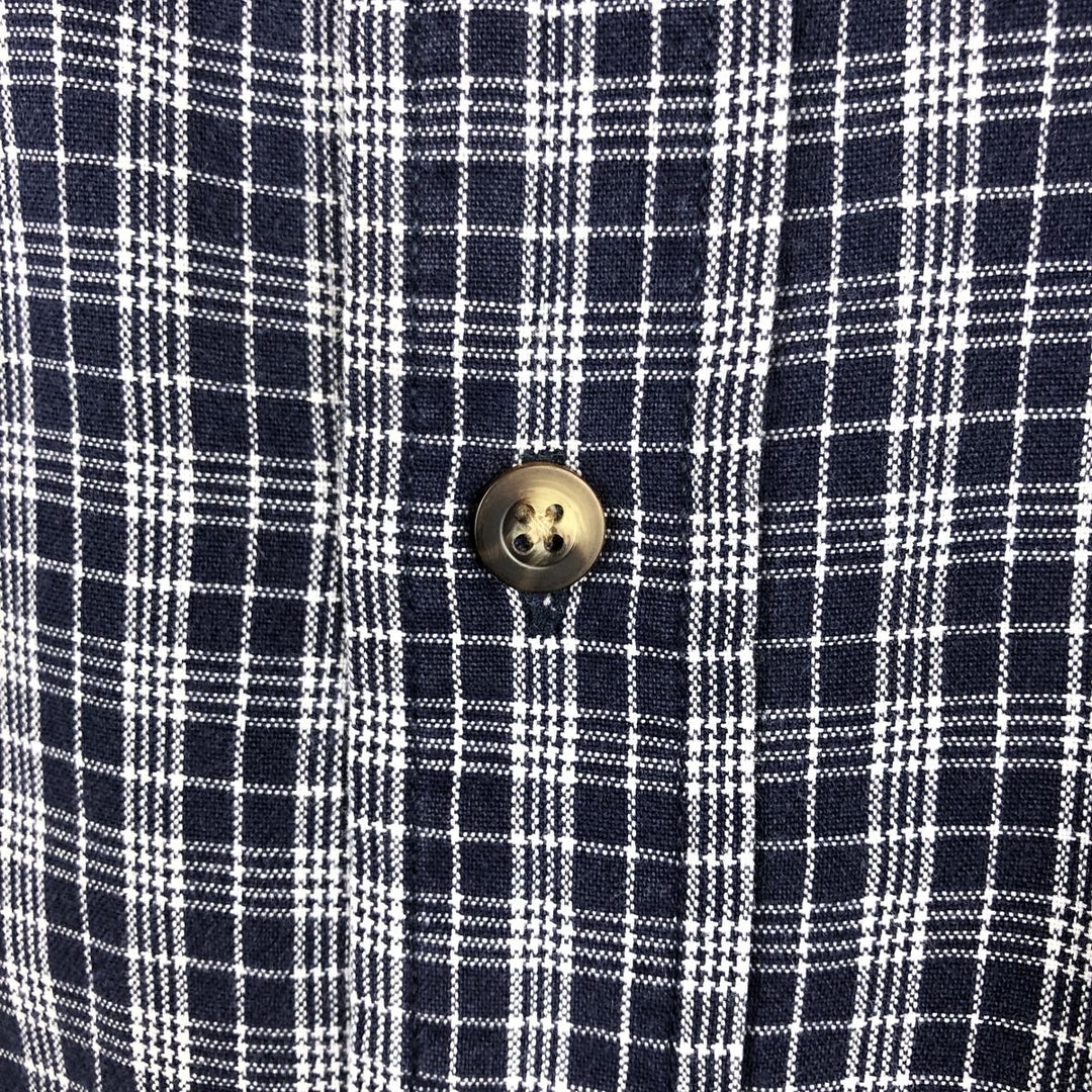 Eddie Bauer short sleeve button down check shirt, men's size L cotton navy blue type Vintage Second Hand