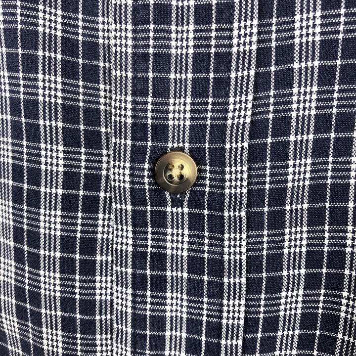 Eddie Bauer short sleeve button down check shirt, men's size L cotton navy blue type Vintage Second Hand