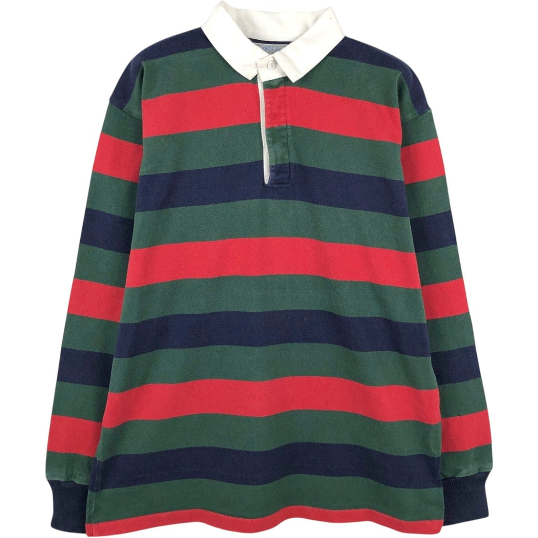 90'S Lands' End striped pattern multi-stripe long-sleeved rugby shirt, made in USA, men's size L equivalent, vintage. cotton green type Vintage Second Hand