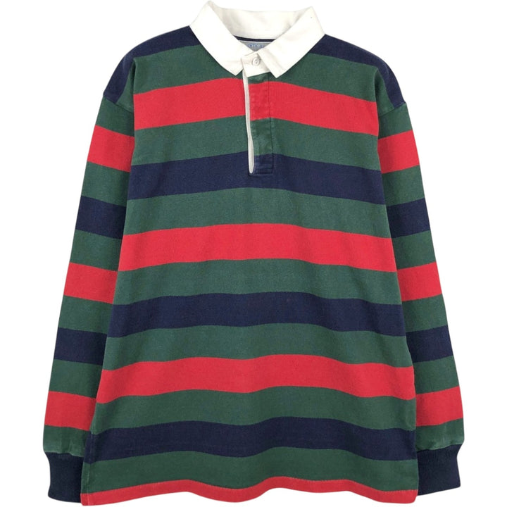 90'S Lands' End striped pattern multi-stripe long-sleeved rugby shirt, made in USA, men's size L equivalent, vintage. cotton green type Vintage Second Hand