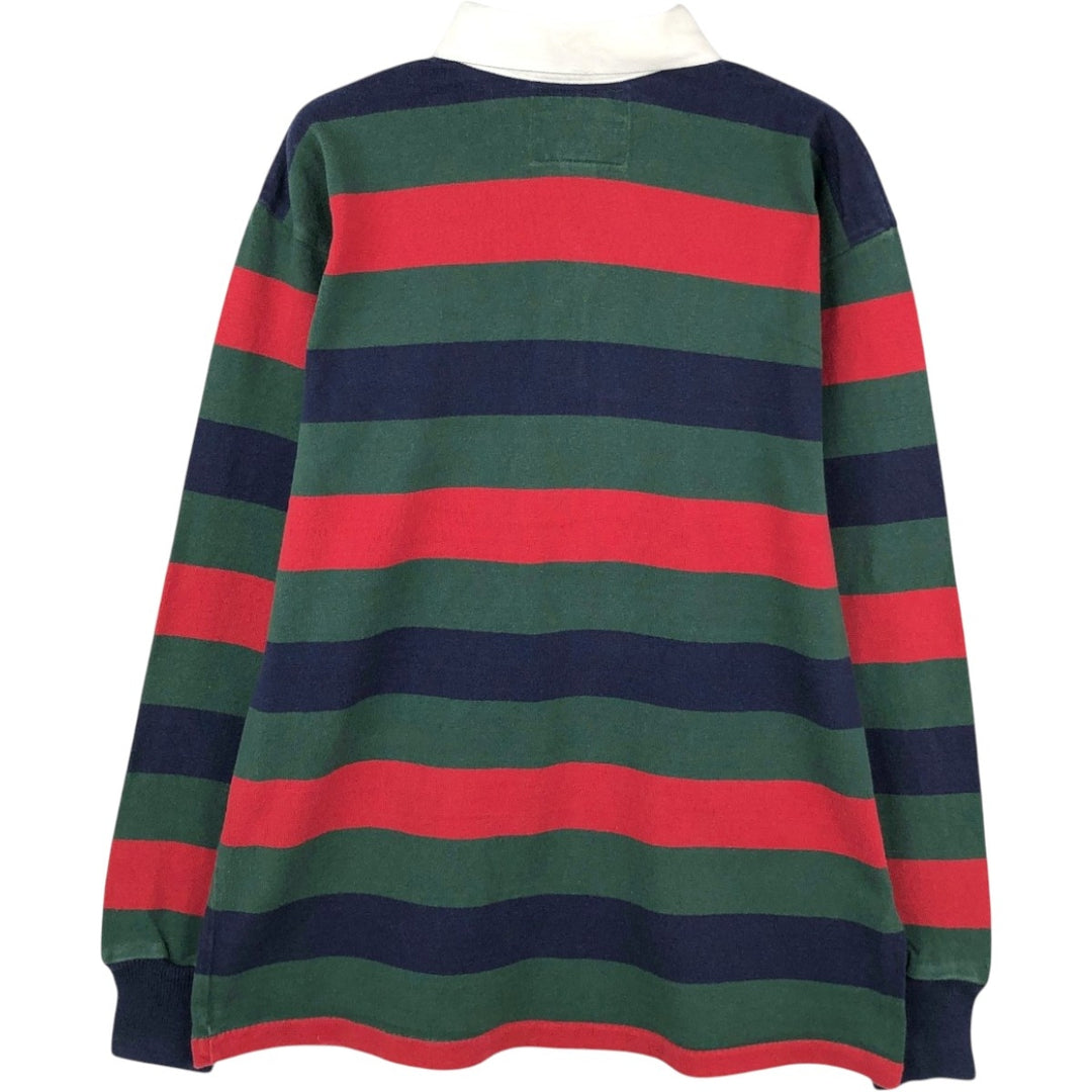 90'S Lands' End striped pattern multi-stripe long-sleeved rugby shirt, made in USA, men's size L equivalent, vintage. cotton green type Vintage Second Hand