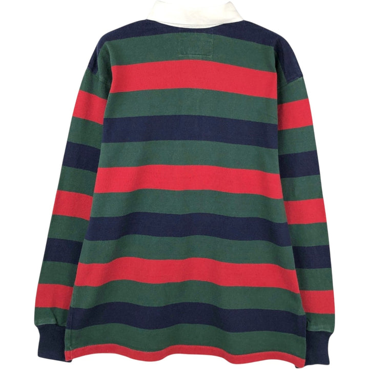 90'S Lands' End striped pattern multi-stripe long-sleeved rugby shirt, made in USA, men's size L equivalent, vintage. cotton green type Vintage Second Hand