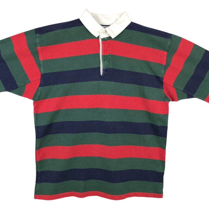 90'S Lands' End striped pattern multi-stripe long-sleeved rugby shirt, made in USA, men's size L equivalent, vintage. cotton green type Vintage Second Hand