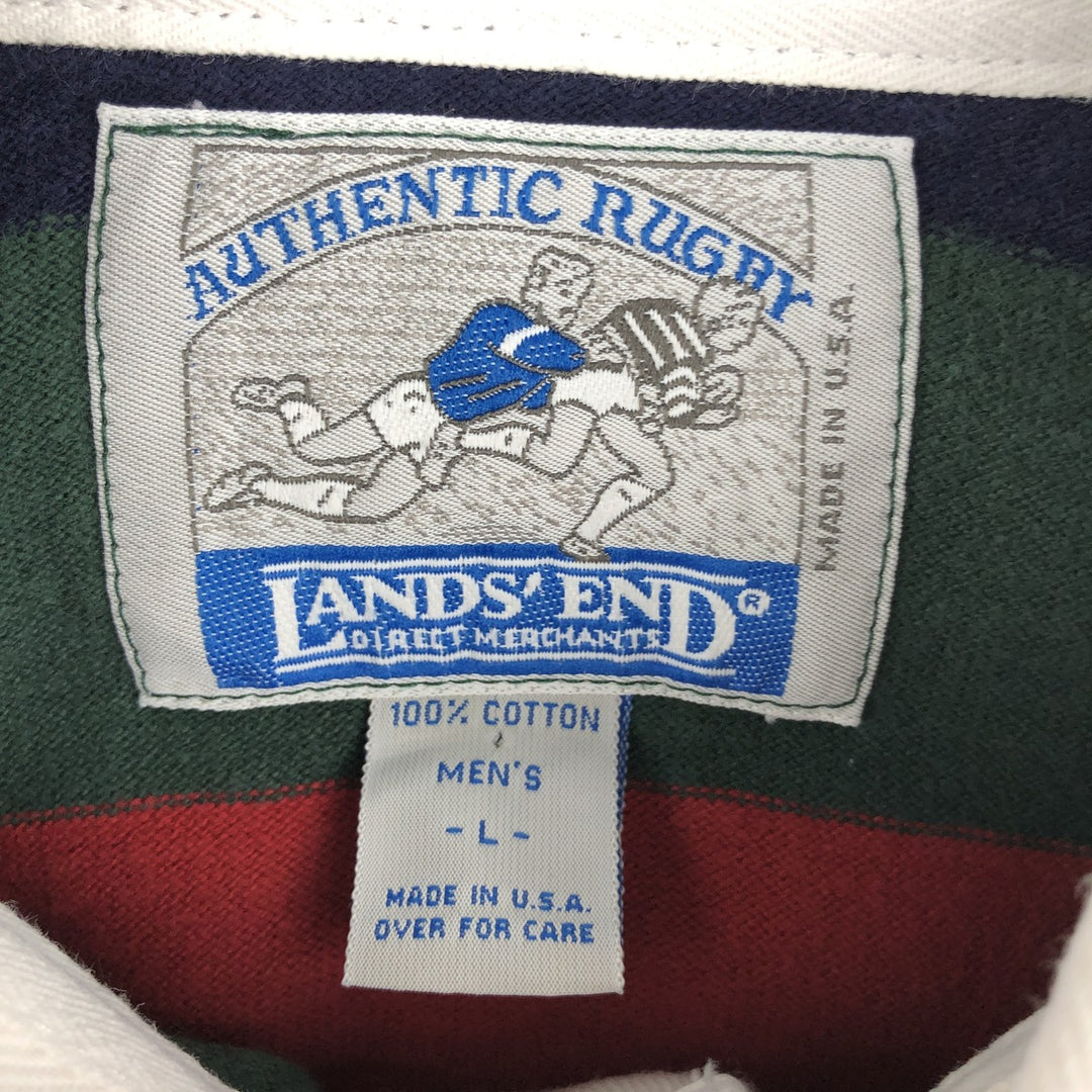 90'S Lands' End striped pattern multi-stripe long-sleeved rugby shirt, made in USA, men's size L equivalent, vintage. cotton green type Vintage Second Hand
