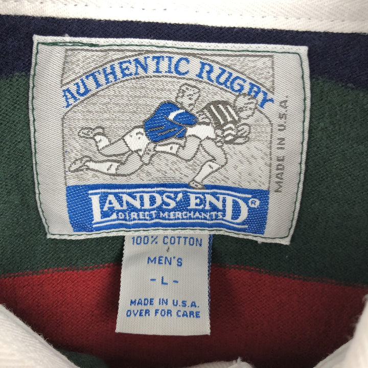90'S Lands' End striped pattern multi-stripe long-sleeved rugby shirt, made in USA, men's size L equivalent, vintage. cotton green type Vintage Second Hand