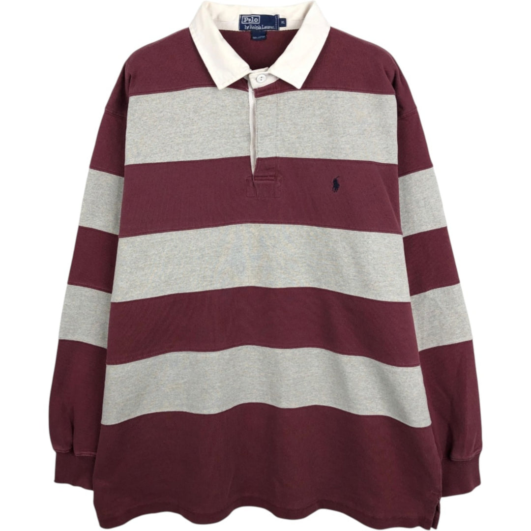 Ralph Lauren POLO by Ralph Lauren Striped Pattern Long Sleeve Rugby Shirt Men's XL cotton Red type red-purple Vintage Second Hand