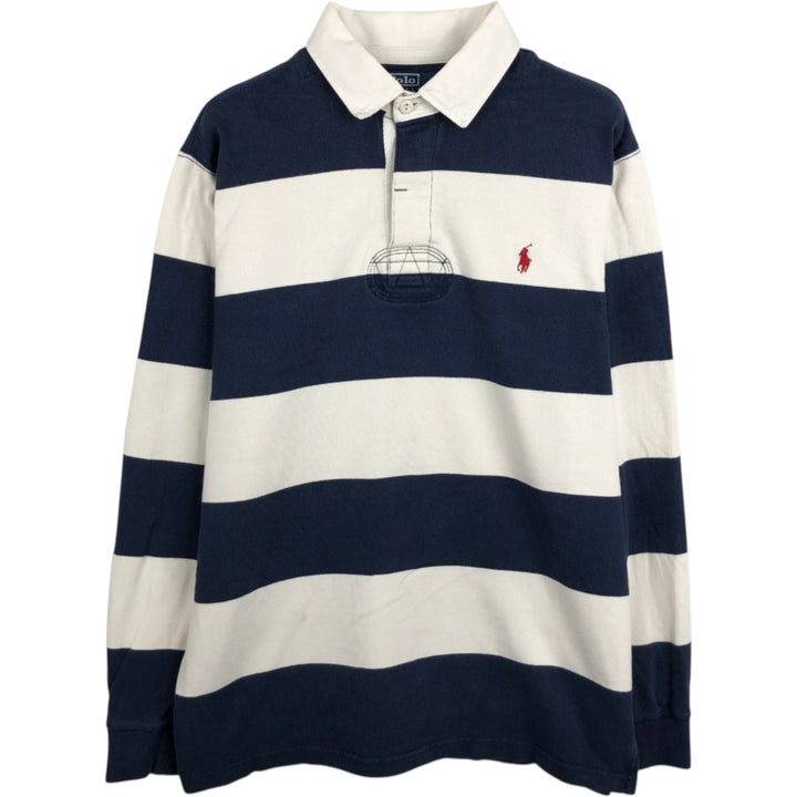 Ralph Lauren POLO by Ralph Lauren CUSTOM FIT Border Pattern Long Sleeve Rugby Shirt Men's L size cotton navy blue type Vintage Second Hand