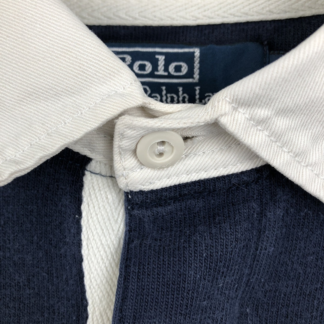 Ralph Lauren POLO by Ralph Lauren CUSTOM FIT Border Pattern Long Sleeve Rugby Shirt Men's L size cotton navy blue type Vintage Second Hand