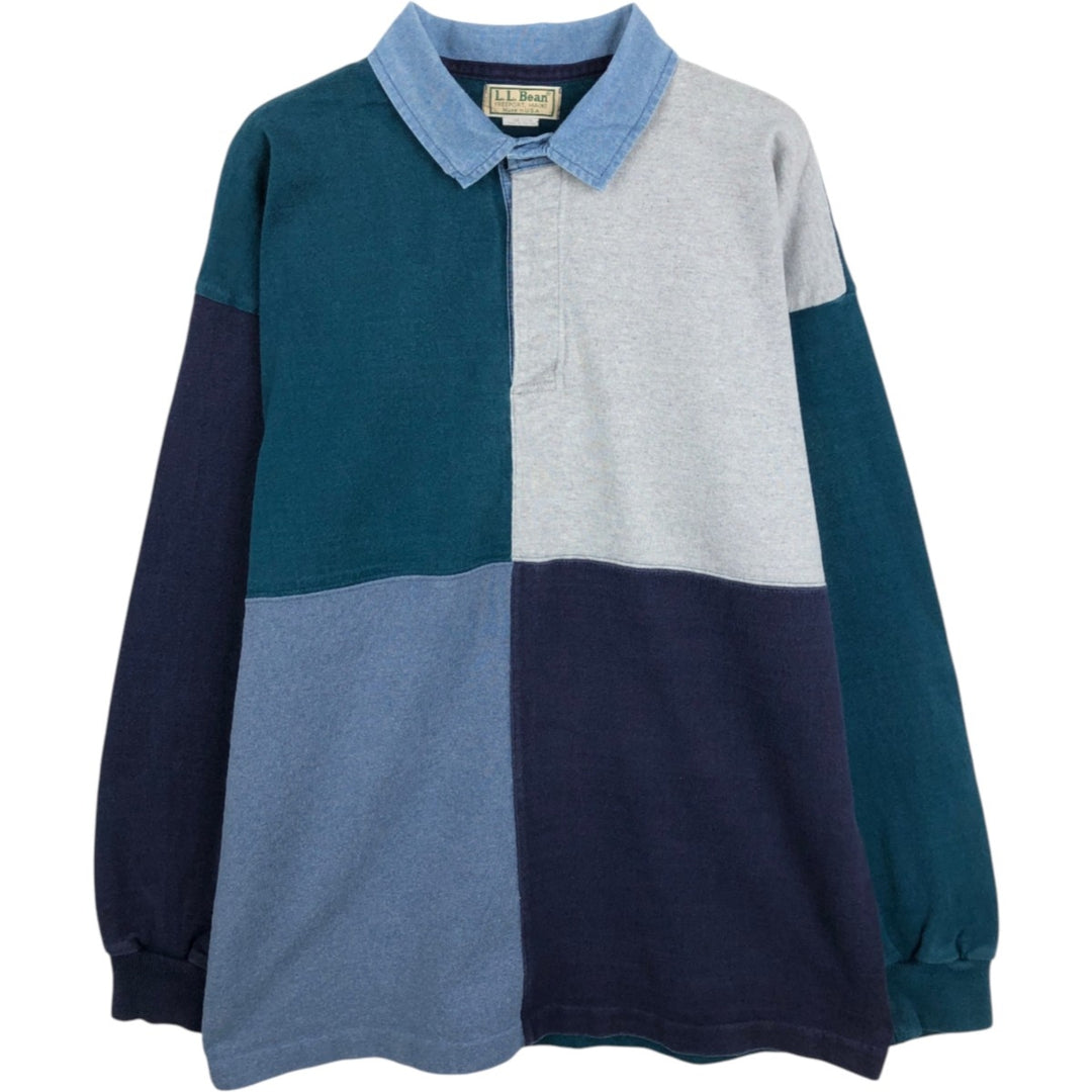1980'S LLBean Crazy Pattern Long-Sleeve Rugby Shirt, Men's Size L (Equivalent), Vintage cotton gray type Vintage Second Hand