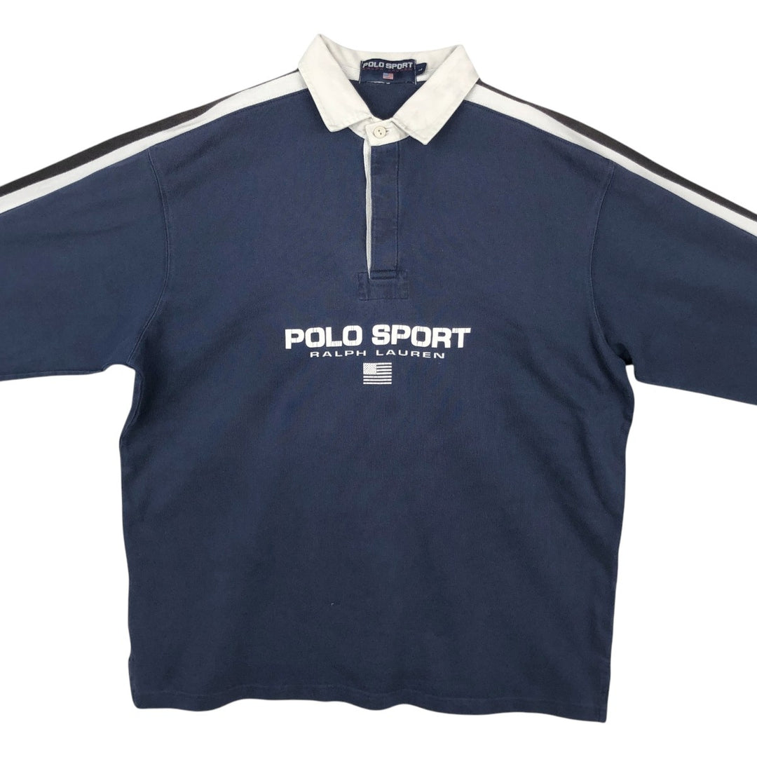 Ralph Lauren POLO SPORT long-sleeved rugby shirt with national flag pattern, men's size L (approx.) cotton navy blue type Vintage Second Hand