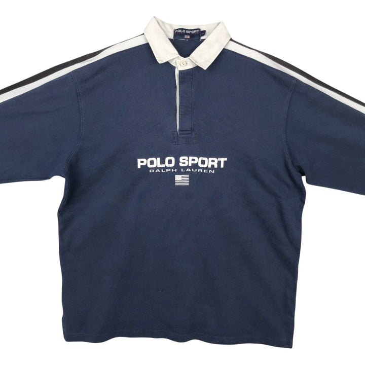 Ralph Lauren POLO SPORT long-sleeved rugby shirt with national flag pattern, men's size L (approx.) cotton navy blue type Vintage Second Hand