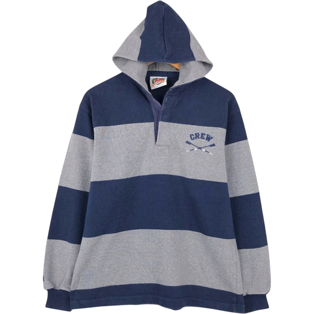 BARBARIAN Striped Pattern Hooded Long-Sleeve Rugby Shirt, Made in Canada, Men's Size S (approx.) cotton navy blue type Vintage Second Hand