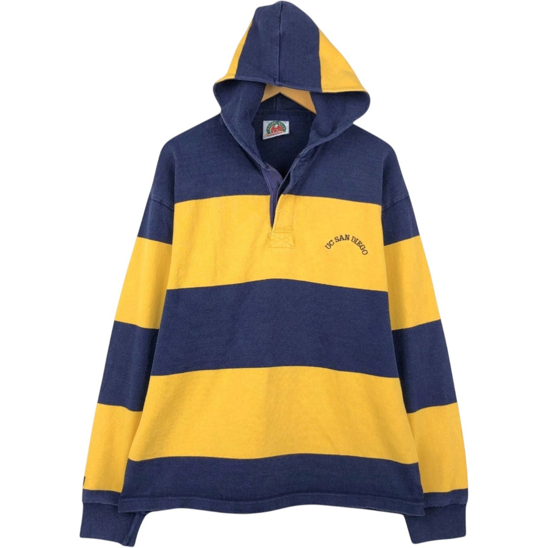 BARBARIAN Border Pattern Hooded Long Sleeve Rugby Shirt, Made in Canada, Men's Size XL cotton navy blue type Vintage Second Hand