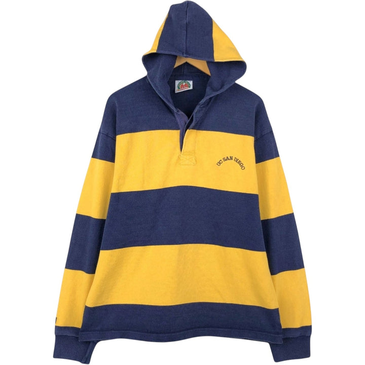 BARBARIAN Border Pattern Hooded Long Sleeve Rugby Shirt, Made in Canada, Men's Size XL cotton navy blue type Vintage Second Hand