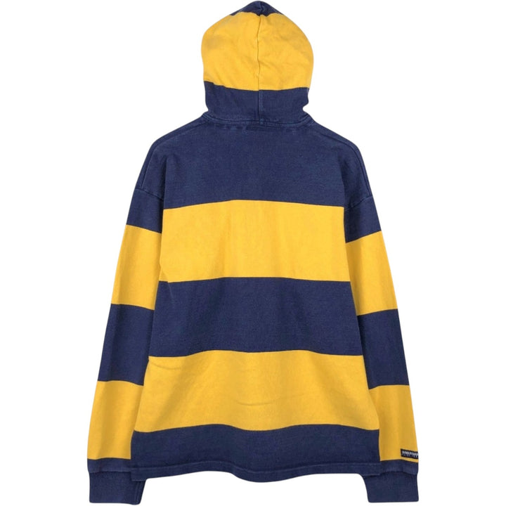 BARBARIAN Border Pattern Hooded Long Sleeve Rugby Shirt, Made in Canada, Men's Size XL cotton navy blue type Vintage Second Hand