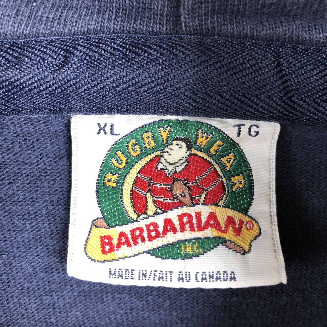 BARBARIAN Border Pattern Hooded Long Sleeve Rugby Shirt, Made in Canada, Men's Size XL cotton navy blue type Vintage Second Hand