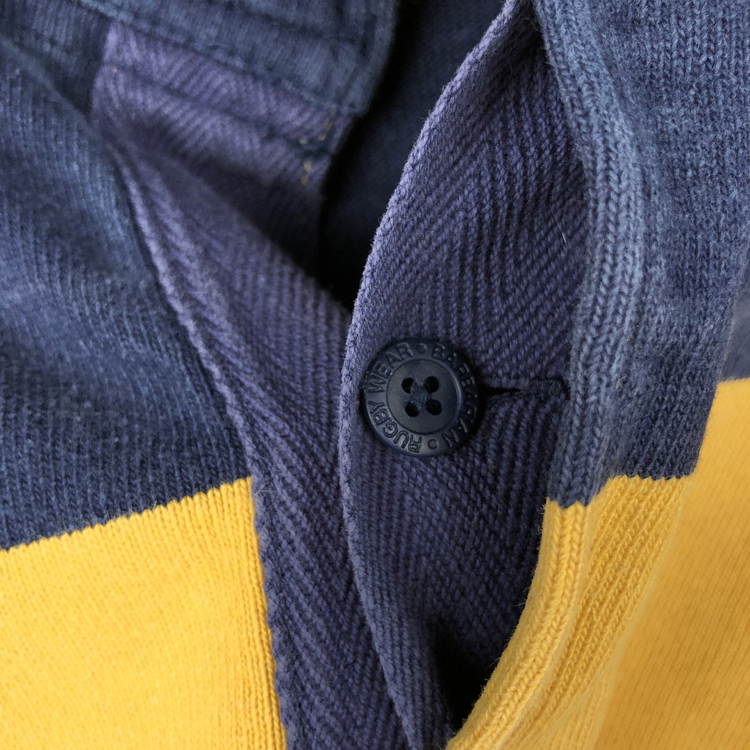 BARBARIAN Border Pattern Hooded Long Sleeve Rugby Shirt, Made in Canada, Men's Size XL cotton navy blue type Vintage Second Hand
