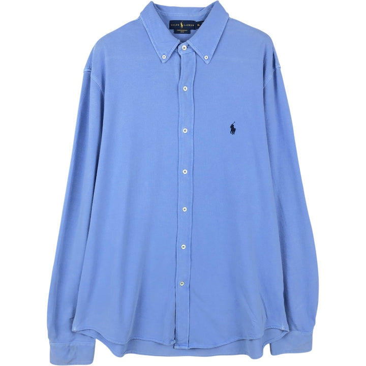 Ralph Lauren pique knit long-sleeved button-down shirt, men's size XL (approx.) cotton Blue type light blue Vintage Second Hand