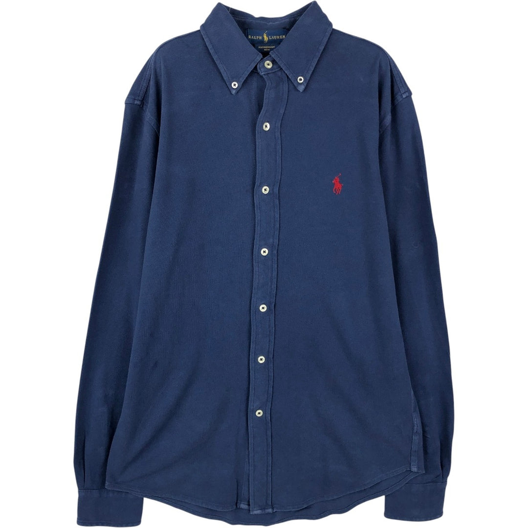 Ralph Lauren pique knit long-sleeved button-down shirt, men's size S (approx.) cotton navy blue type Vintage Second Hand