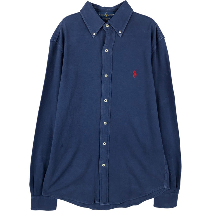 Ralph Lauren pique knit long-sleeved button-down shirt, men's size S (approx.) cotton navy blue type Vintage Second Hand