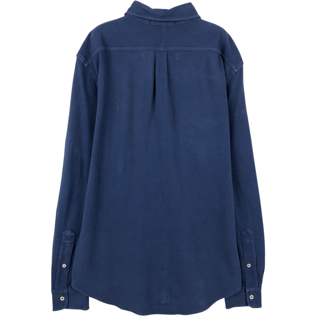 Ralph Lauren pique knit long-sleeved button-down shirt, men's size S (approx.) cotton navy blue type Vintage Second Hand