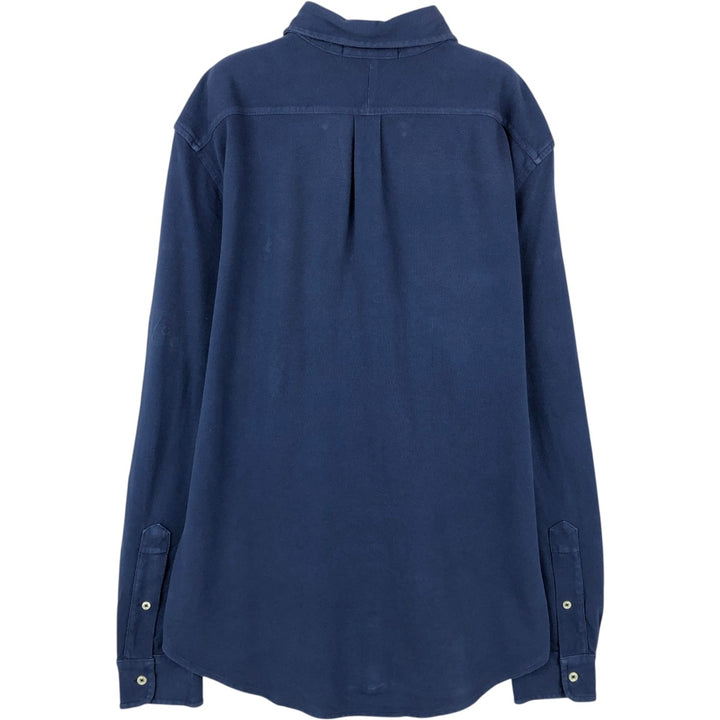 Ralph Lauren pique knit long-sleeved button-down shirt, men's size S (approx.) cotton navy blue type Vintage Second Hand