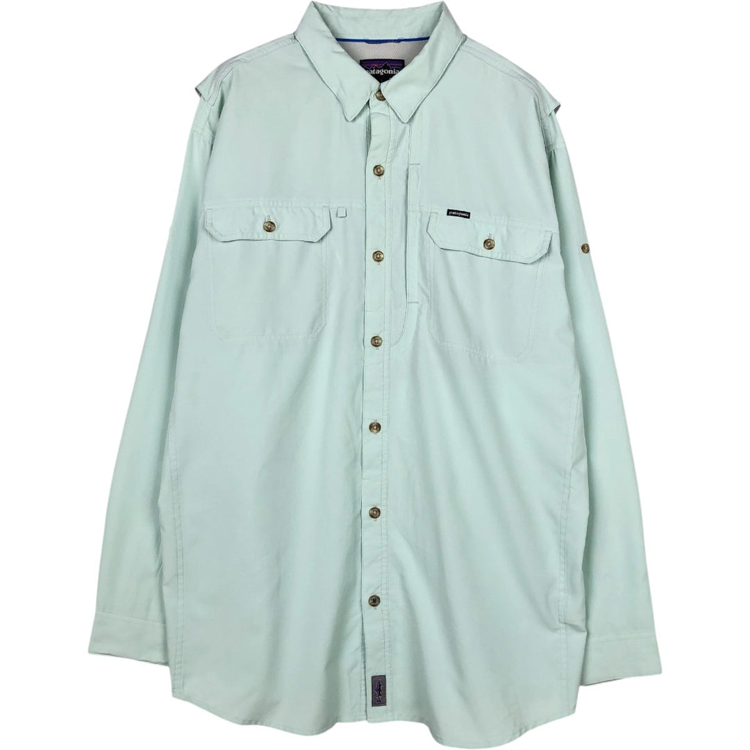 Patagonia 54259FA18 Ripstop Hidden Button-Down Long-Sleeve Fishing Shirt, Men's Size L (approx.) polyester Mint green Vintage Second Hand