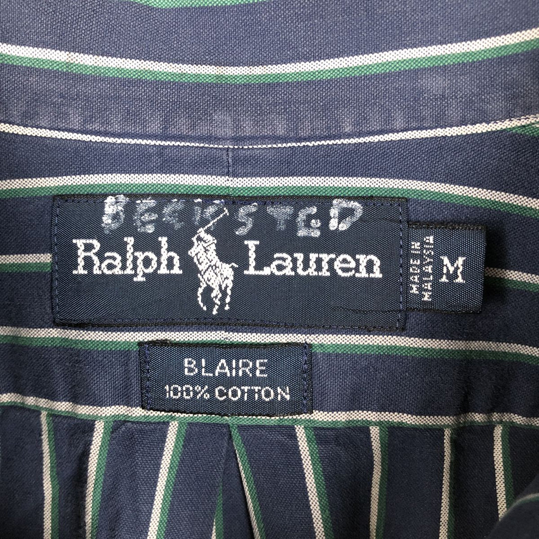 Ralph Lauren BLAIRE long sleeve button down striped shirt, men's size M cotton navy blue type Vintage Second Hand