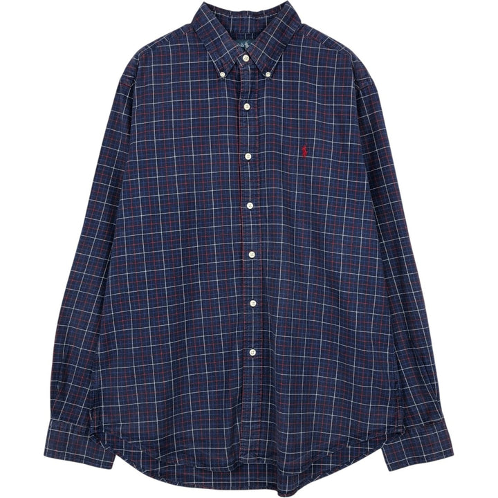 Ralph Lauren Classic Fit Long Sleeve Button Down Check Shirt, Men's Size L cotton navy blue type Vintage Second Hand